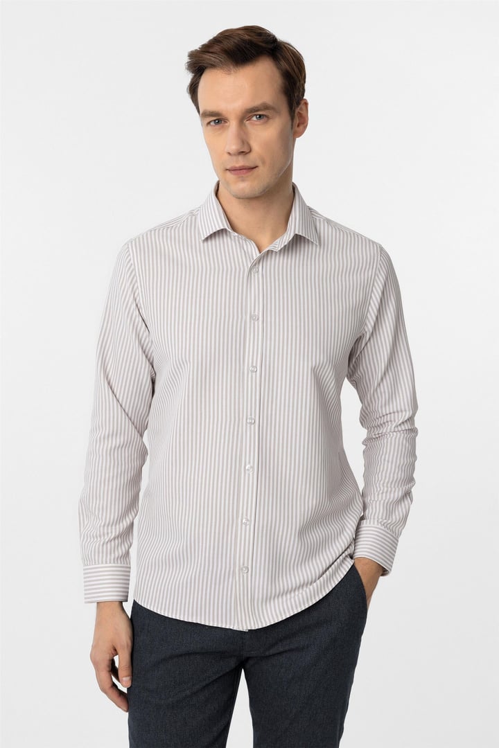 Bej Slim Fit Armürlü Klasik Yaka Çizgili Gömlek