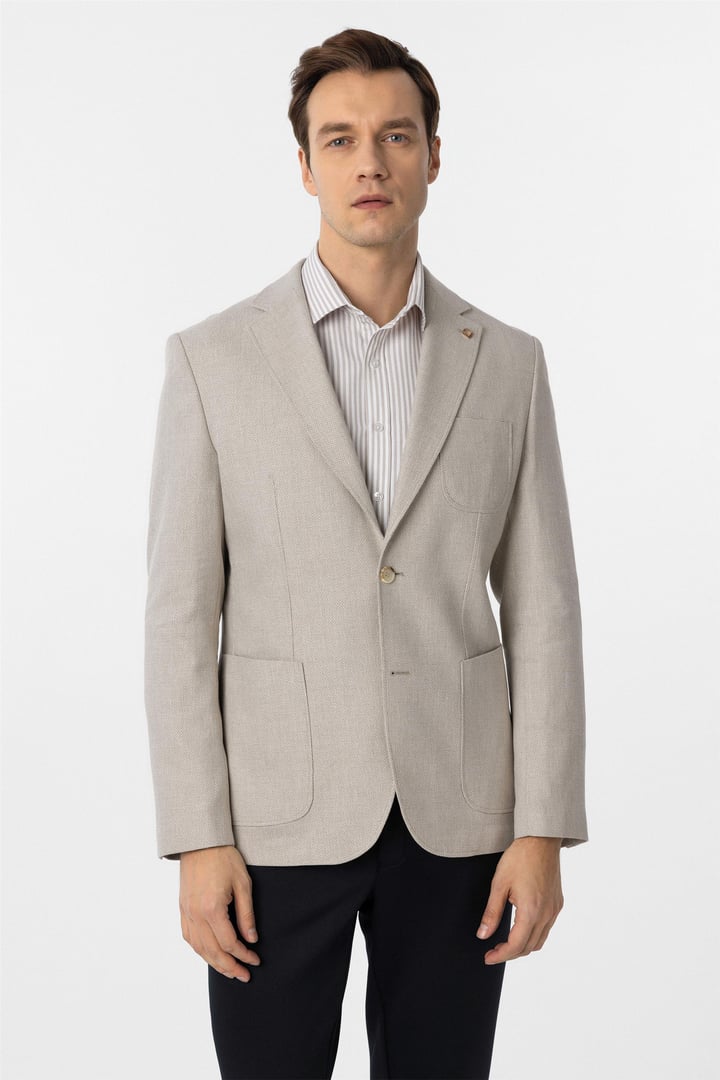 Bej Slim Fit Armürlü Mono Yaka 6 Drop Ceket