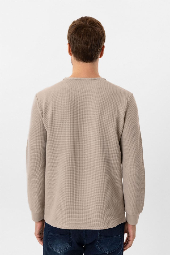 Bej Slim Fit Armürlü Bisiklet Yaka Triko Kazak