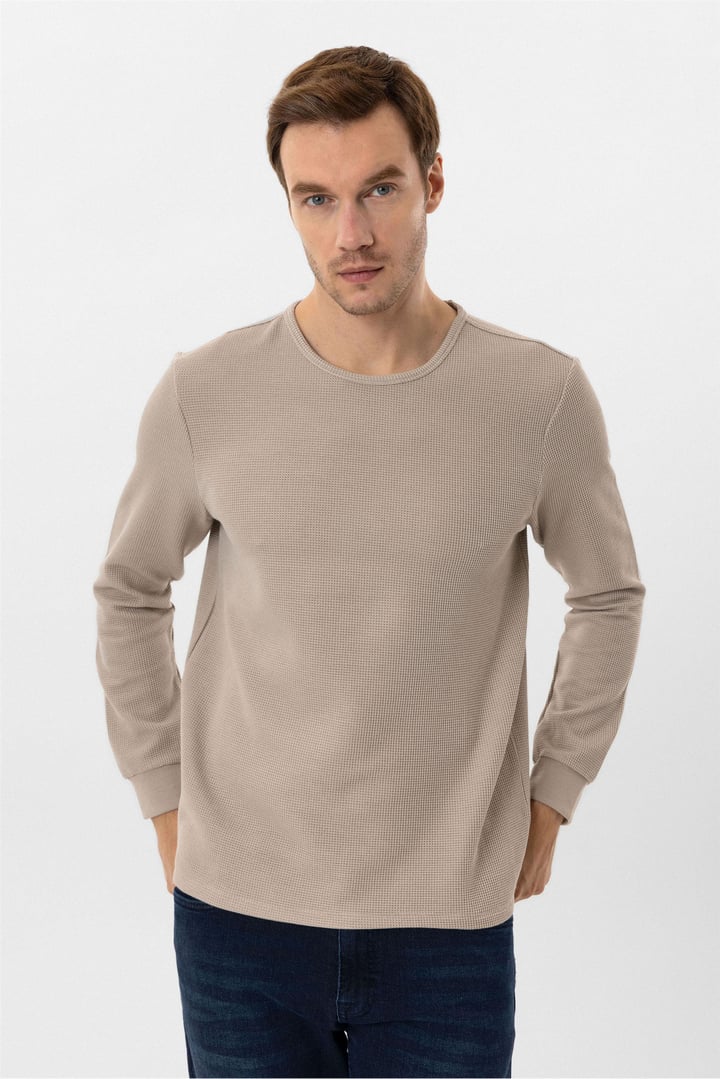 Bej Slim Fit Armürlü Bisiklet Yaka Triko Kazak