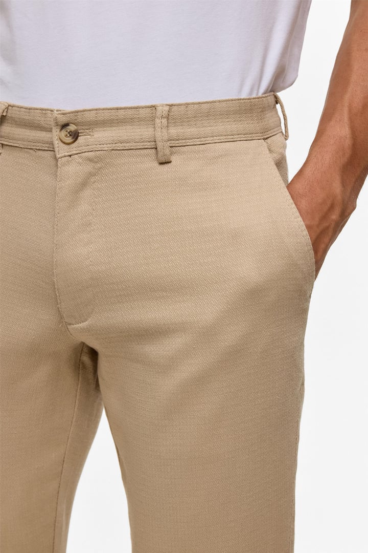 Bej Slim Armürlü Kanvas Pantolon