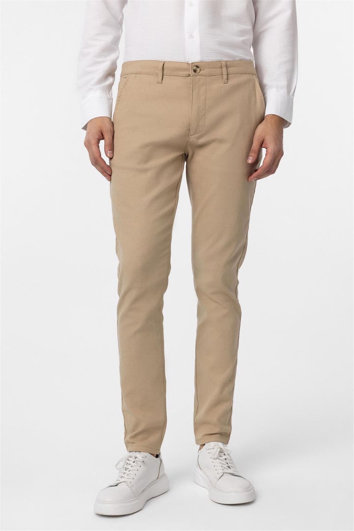 Bej Slim Fit Armürlü Kanvas Pantolon