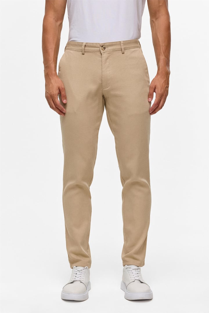 Bej Slim Armürlü Kanvas Pantolon