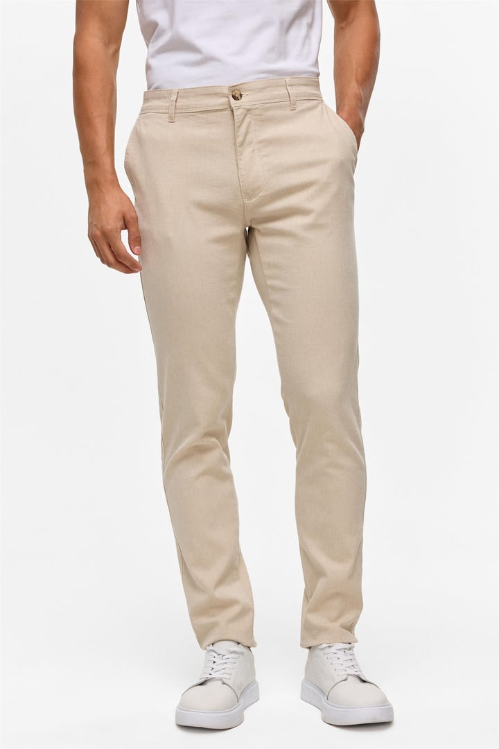 Bej Slim Armürlü Kanvas Pantolon