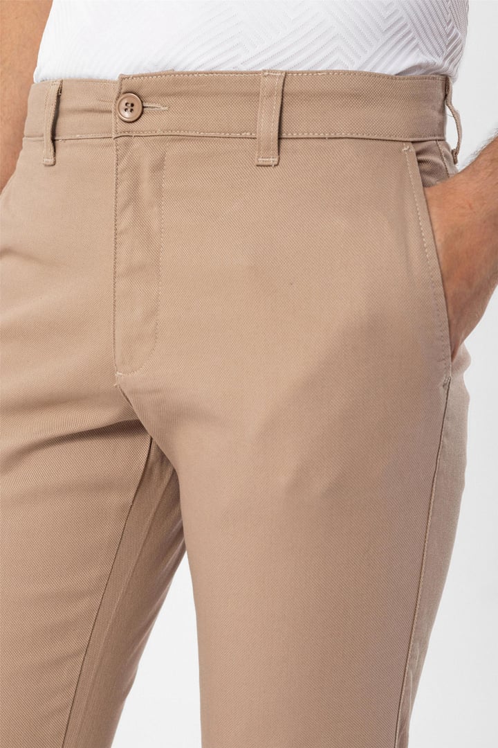 Bej Slim Fit Armürlü Chino Pantolon