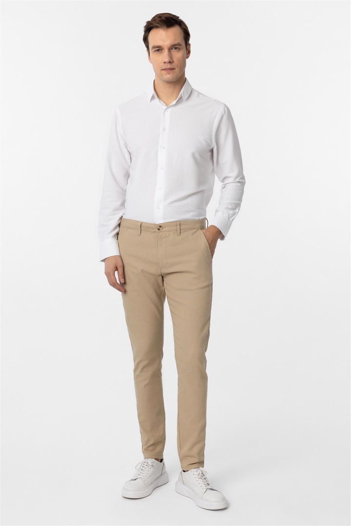 Bej Slim Fit Armürlü Kanvas Pantolon