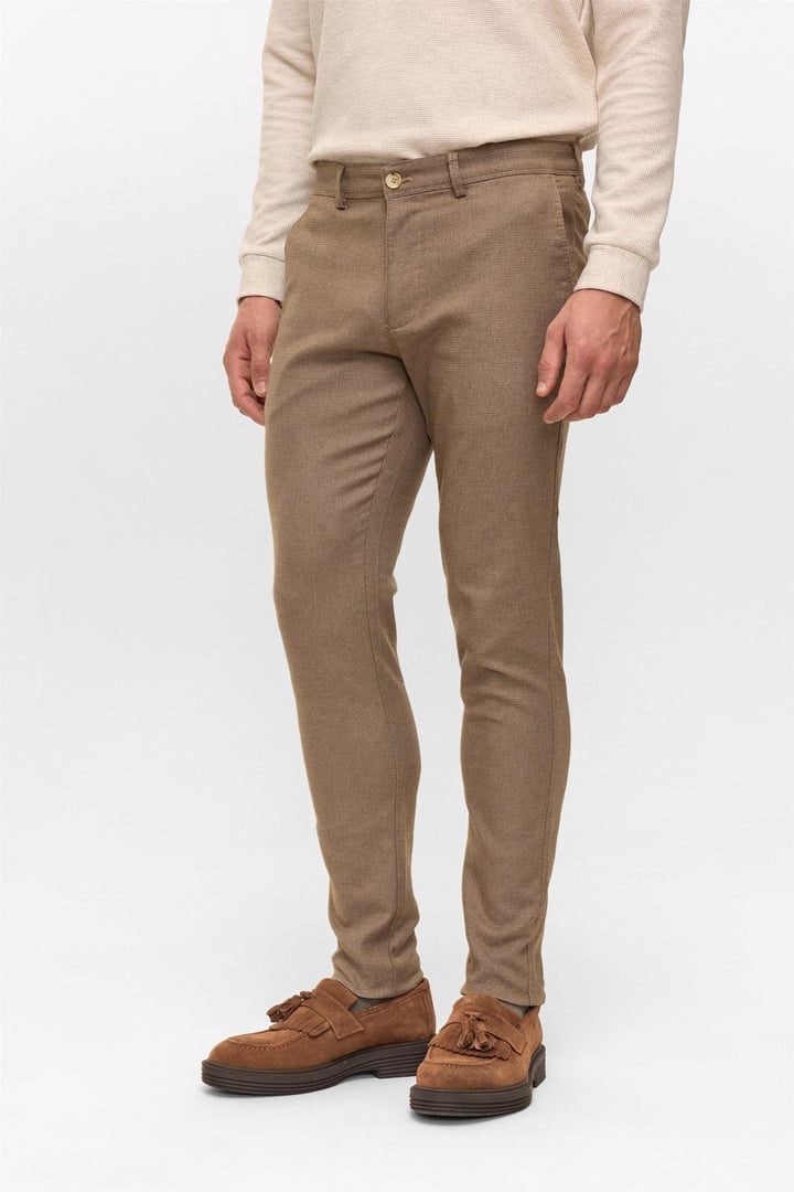 Bej Slim Armürlü Kanvas Pantolon