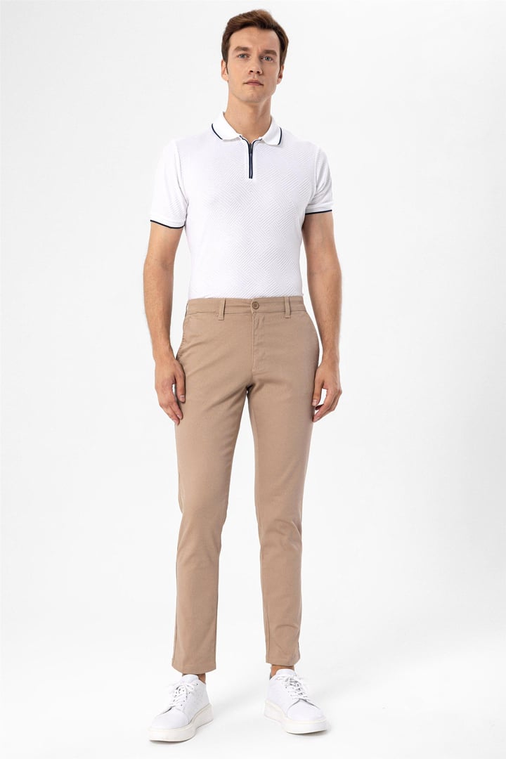 Bej Slim Fit Armürlü Chino Pantolon