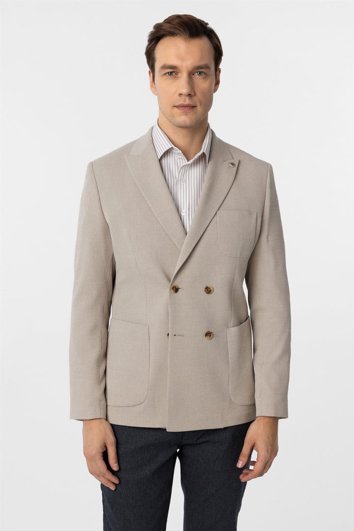 Bej Slim Fit Baskılı Kruvaze Yaka 6 Drop Ceket