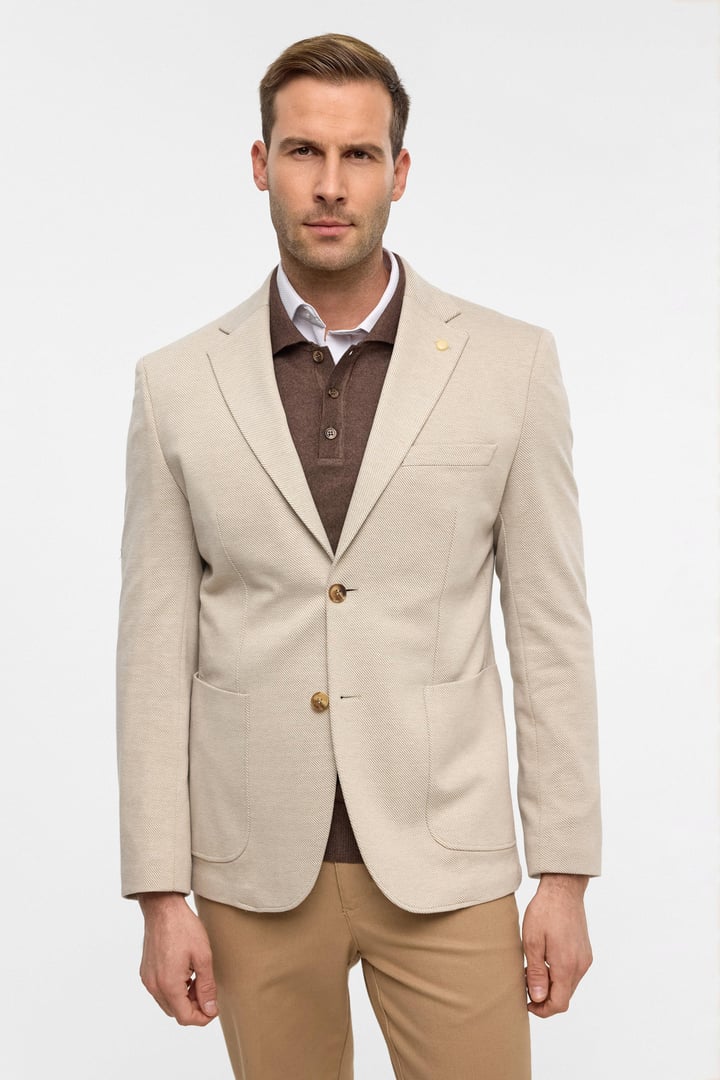 Bej Slim Desenli Mono Yaka 6 Drop Ceket