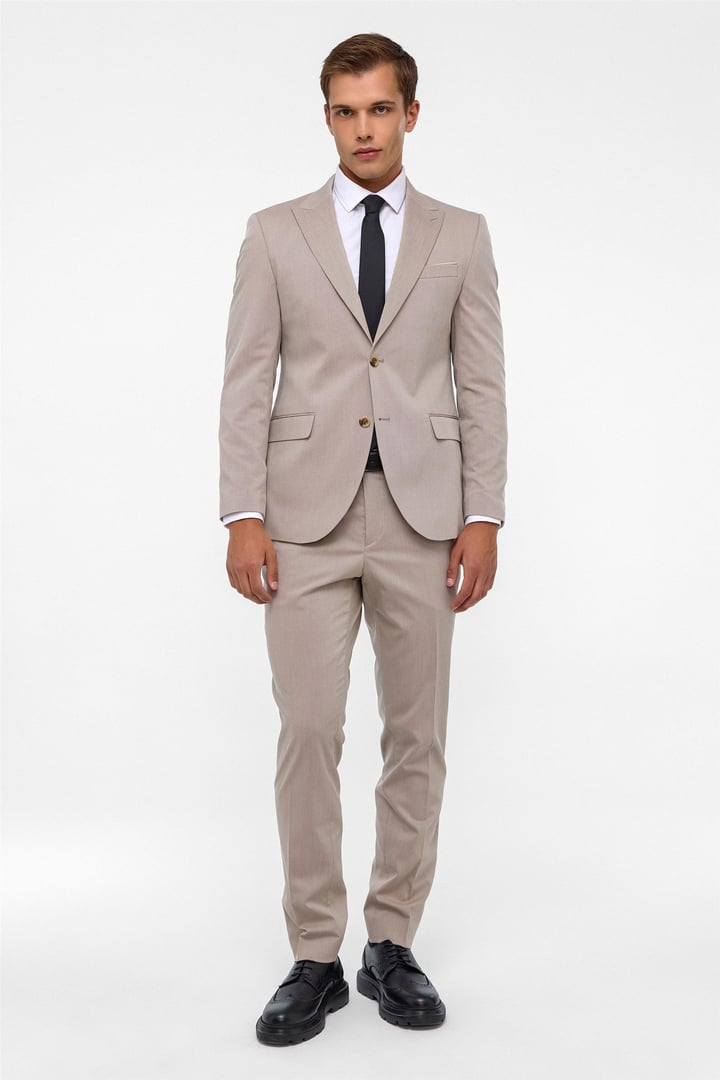 Bej Slim Desenli Sivri Yaka 6 Drop Takım Elbise