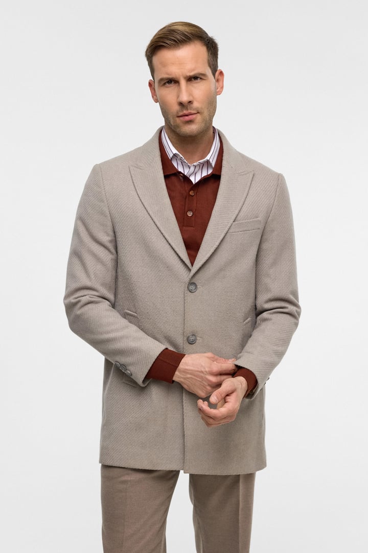 Bej Slim Desenli Sivri Yaka Kaban