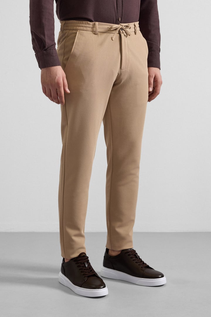 Bej Slim Düz Gabardin Bağcıklı Su Geçirmez Jogger Pantolon