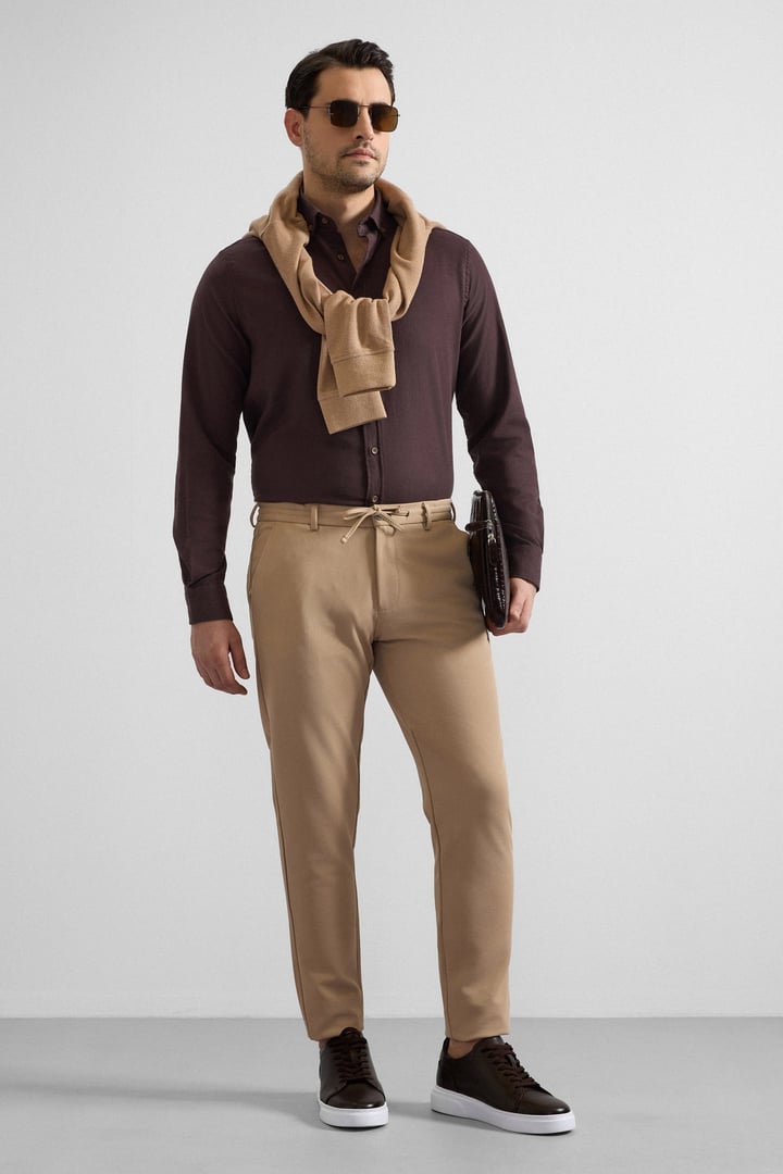 Bej Slim Düz Gabardin Bağcıklı Su Geçirmez Jogger Pantolon