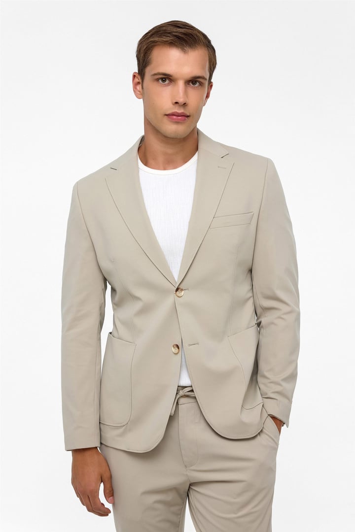 Bej Slim Düz Mono Yaka 6 Drop Spor Takım Elbise