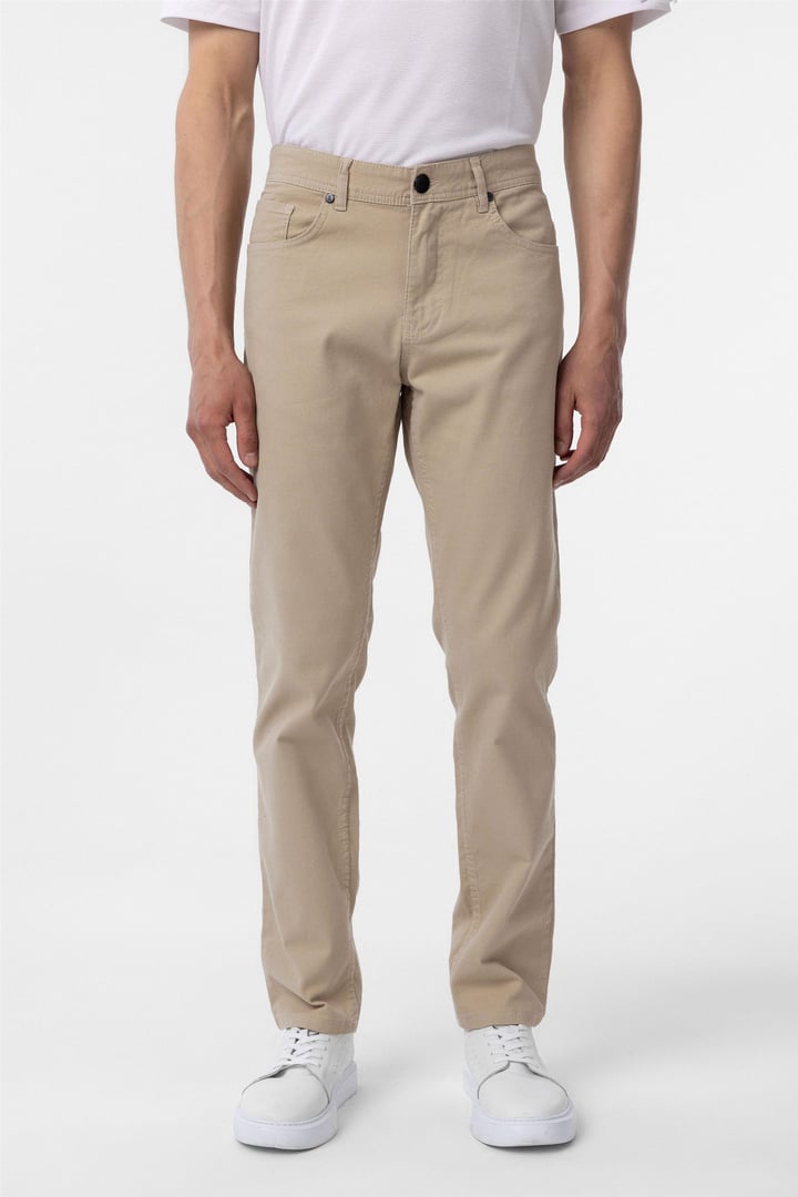 Bej Slim Fit Düz Kanvas Pantolon