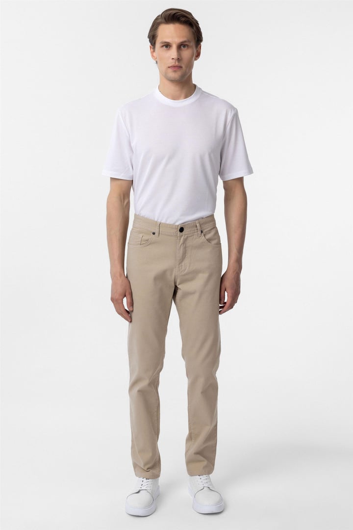 Bej Slim Fit Düz Kanvas Pantolon