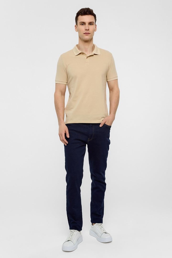 Bej Slim Düz Polo Yaka Tişört