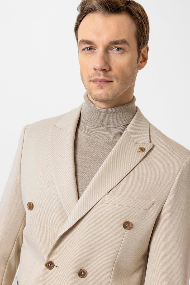 Bej Slim Fit Düz Sivri Yaka 6 Drop Ceket