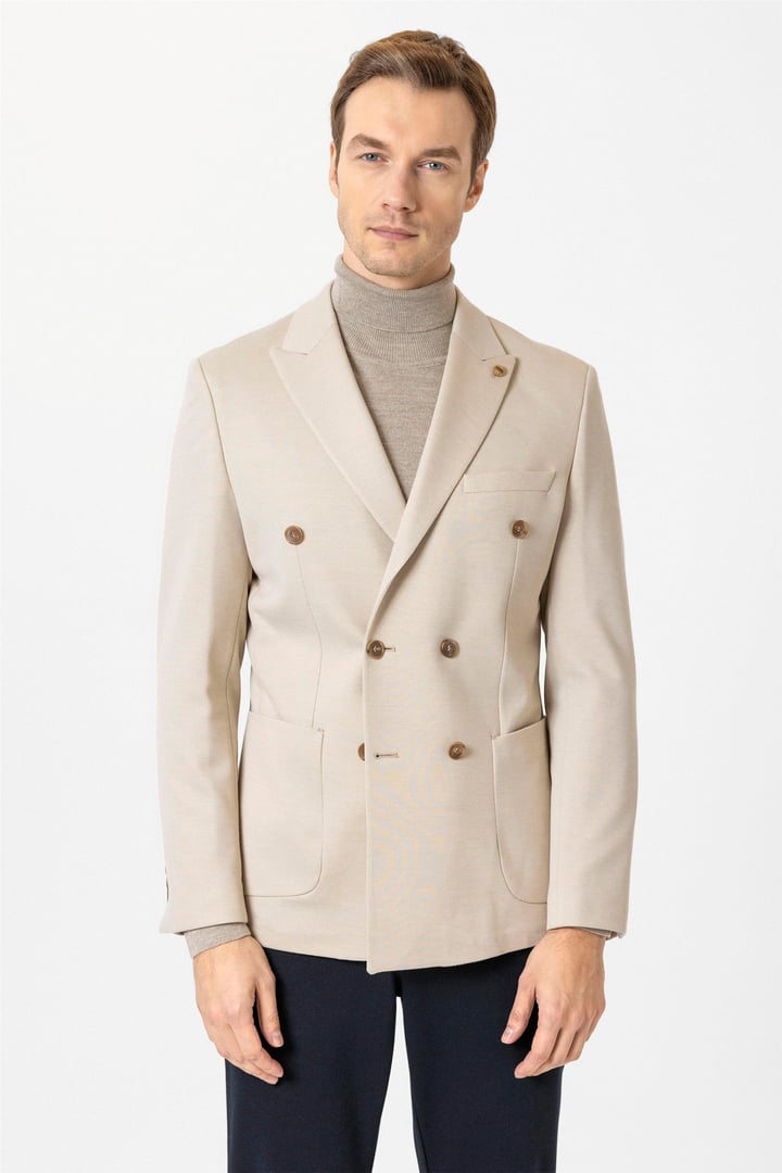 Bej Slim Fit Düz Sivri Yaka 6 Drop Ceket