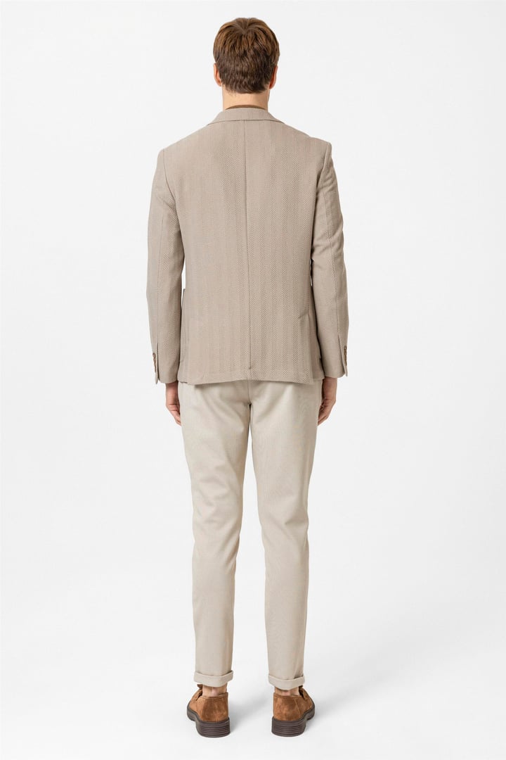 Bej Slim Fit Düz Sivri Yaka 6 Drop Ceket
