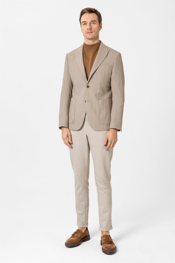 Bej Slim Fit Düz Sivri Yaka 6 Drop Ceket