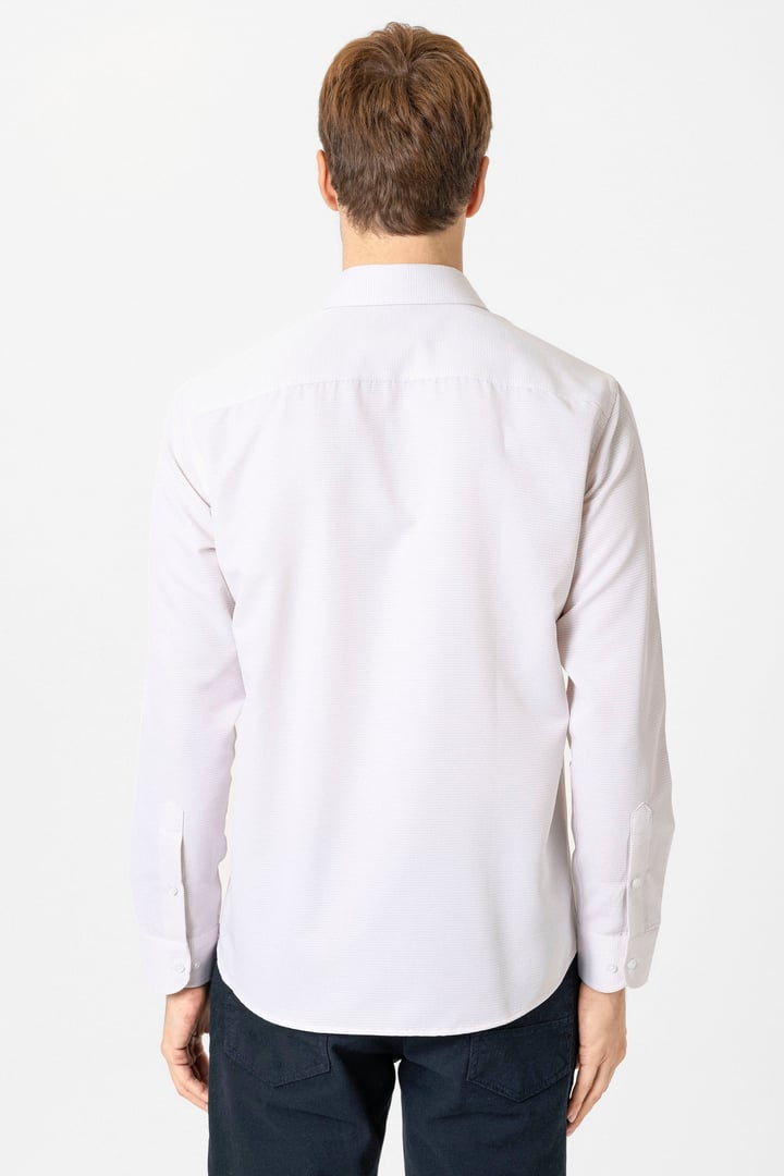 Bej Slim Fit Armürlü Klasik Yaka Gömlek