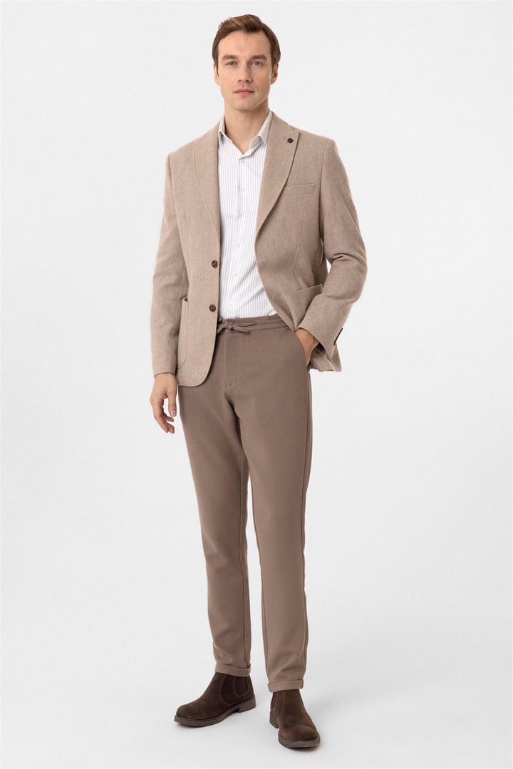 Bej Slim Fit Sivri Yaka 6 Drop Ceket