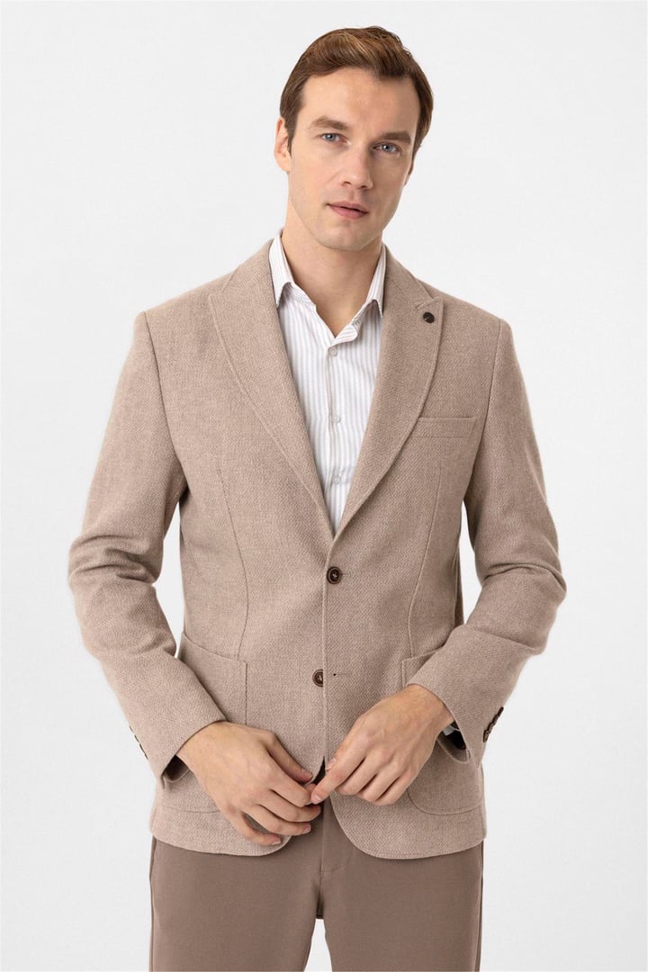 Bej Slim Fit Sivri Yaka 6 Drop Ceket