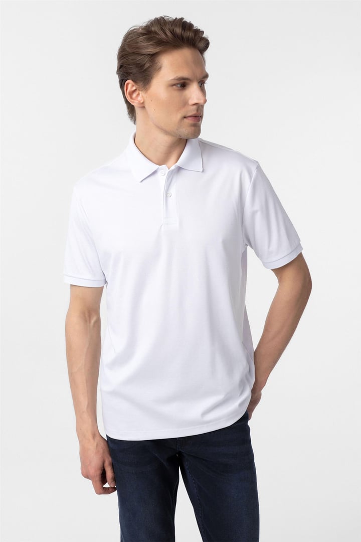 Beyaz Regular Baskılı Polo Yaka Tişört