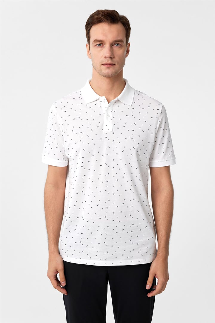 Beyaz Regular Baskılı Polo Yaka Tişört
