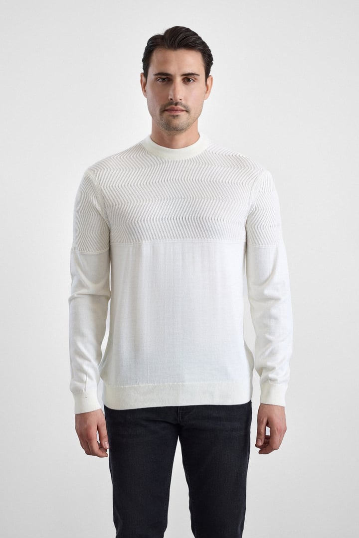 Beyaz Regular Dikey Çizgili Bisiklet Yaka Kazak