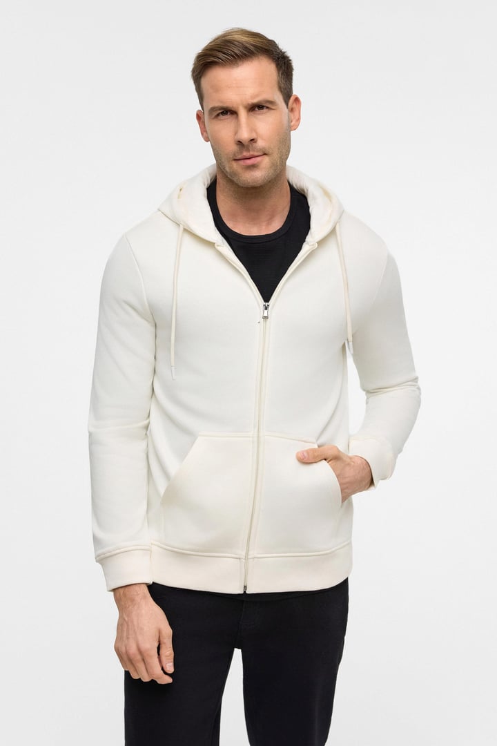 Beyaz Regular Düz Bisiklet Yaka Fermuarlı Sweatshirt