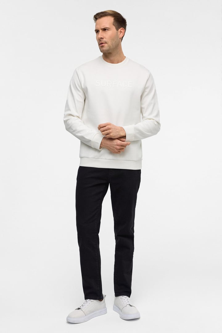 Beyaz Regular Düz Bisiklet Yaka Sweatshirt