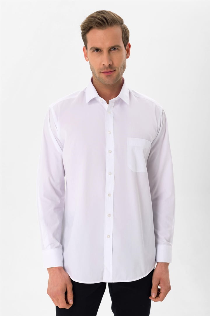 Beyaz Regular Düz Klasik Yaka Gömlek