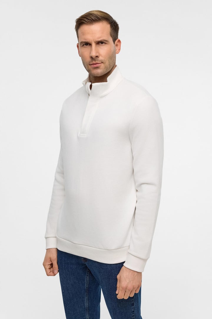 Beyaz Regular Düz Polo Yaka Sweatshirt