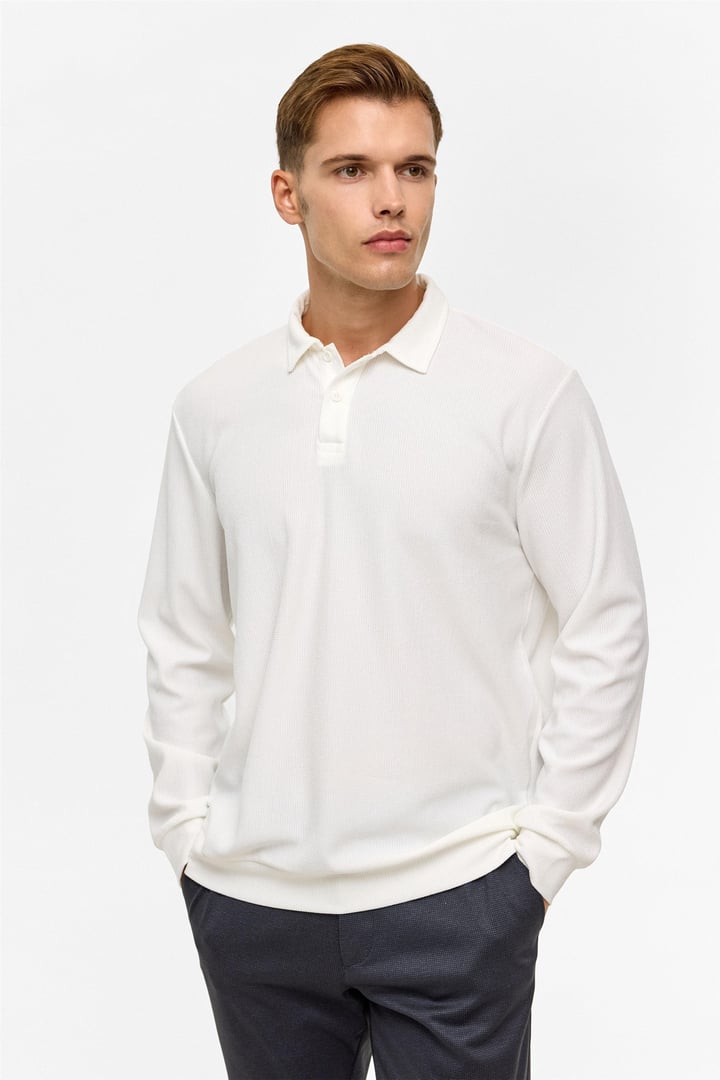 Beyaz Regular Düz Polo Yaka Sweatshirt