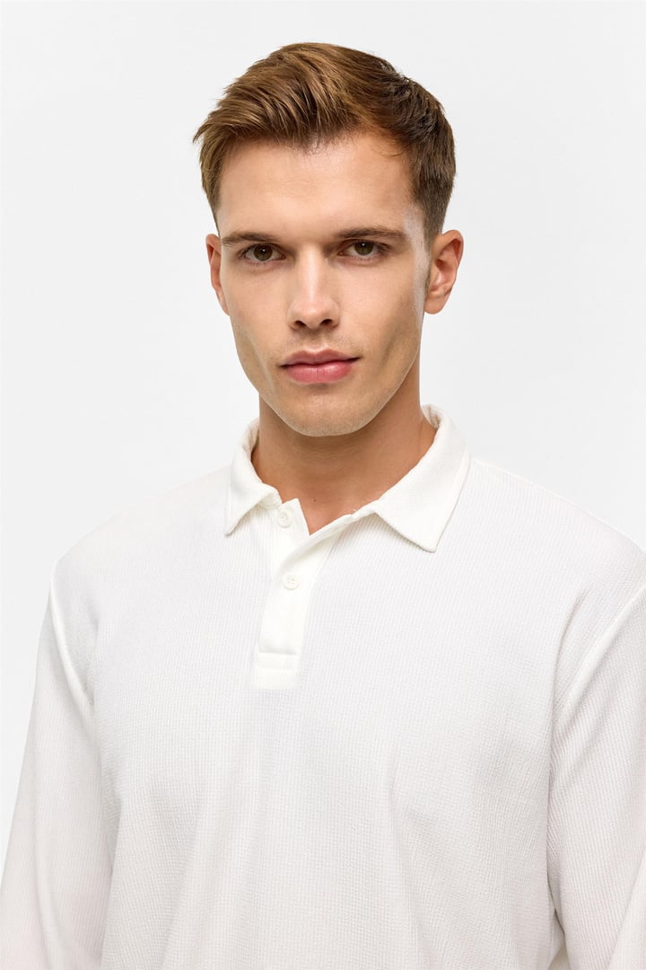 Beyaz Regular Düz Polo Yaka Sweatshirt