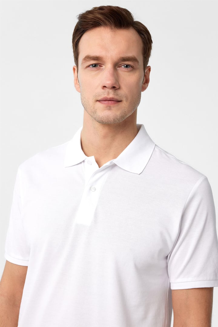 Beyaz Slim Fit Armürlü Polo Yaka Tişört