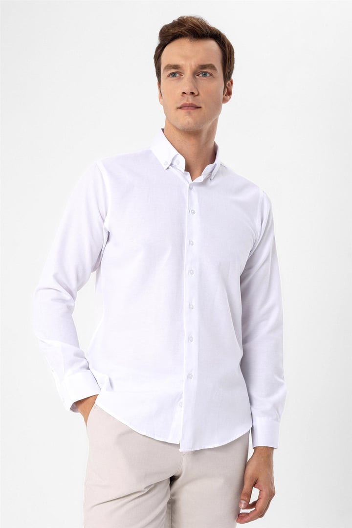 Beyaz Slim Fit Düz Düğmeli Yaka Gömlek