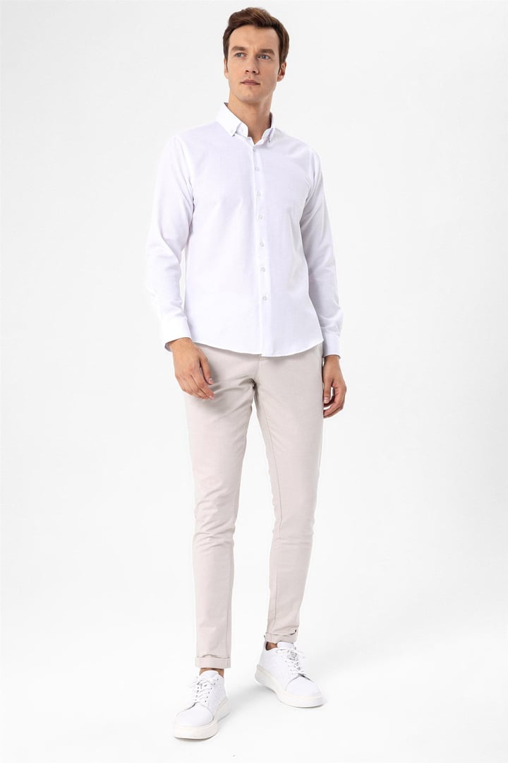 Beyaz Slim Fit Düz Düğmeli Yaka Gömlek