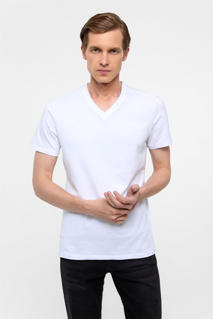 Beyaz Slim Fit Düz V Yaka Tişört