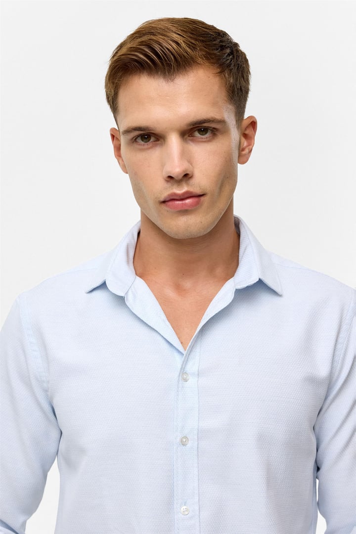 Buz Mavi Slim Desenli Klasik Yaka Gömlek