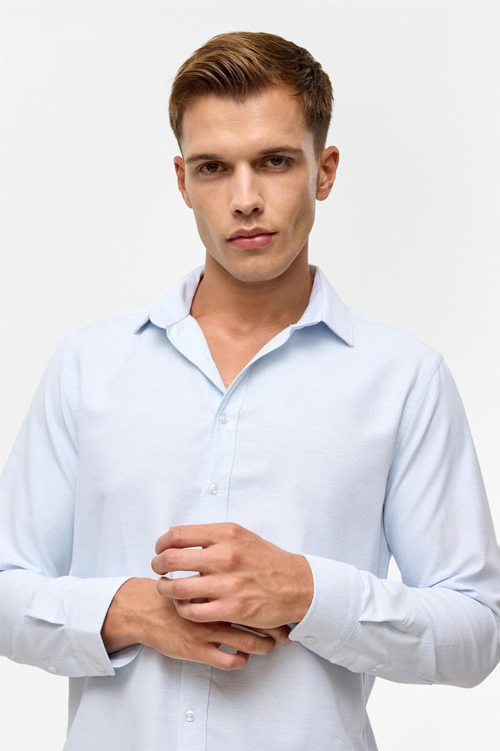 Buz Mavi Slim Desenli Klasik Yaka Gömlek