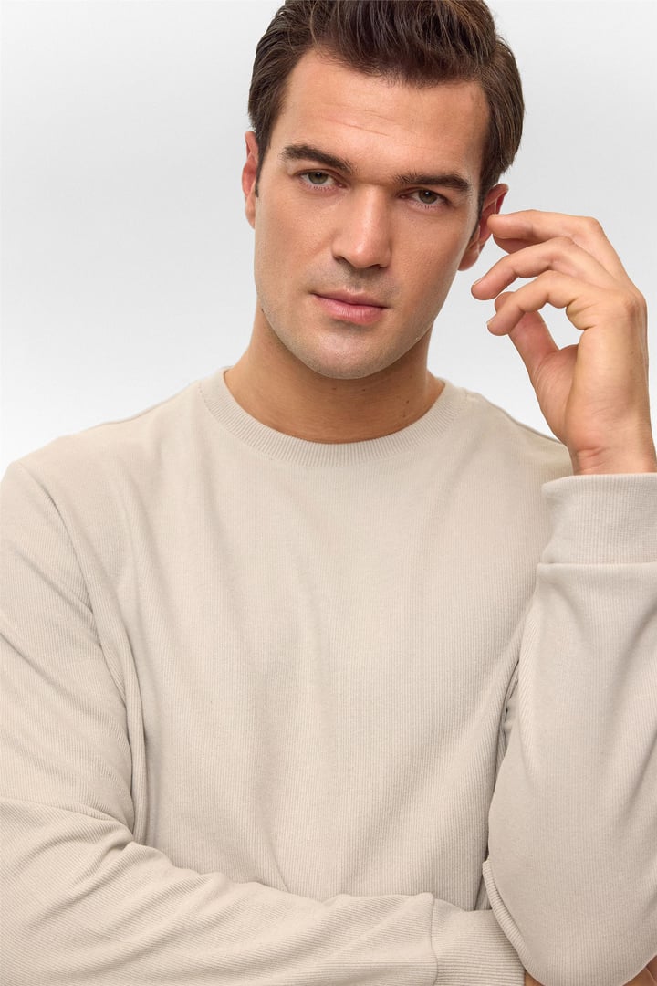 Ekru Regular Düz Bisiklet Yaka Sweatshirt