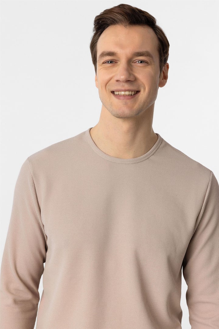 Ekru Slim Fit Armürlü Bisiklet Yaka Sweatshirt