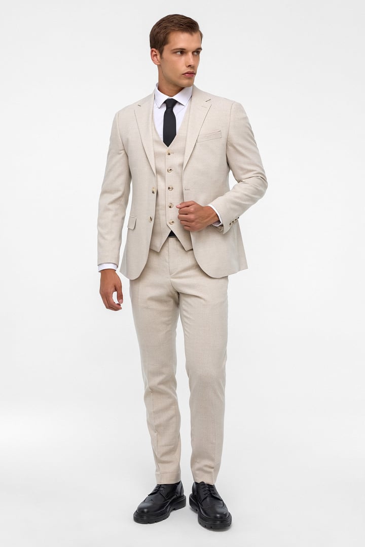 Ekru Slim Fit Desenli Mono Yaka 6 Drop Yelekli Klasik Takım Elbise