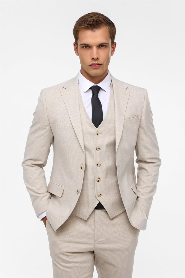 Ekru Slim Fit Desenli Mono Yaka 6 Drop Yelekli Klasik Takım Elbise