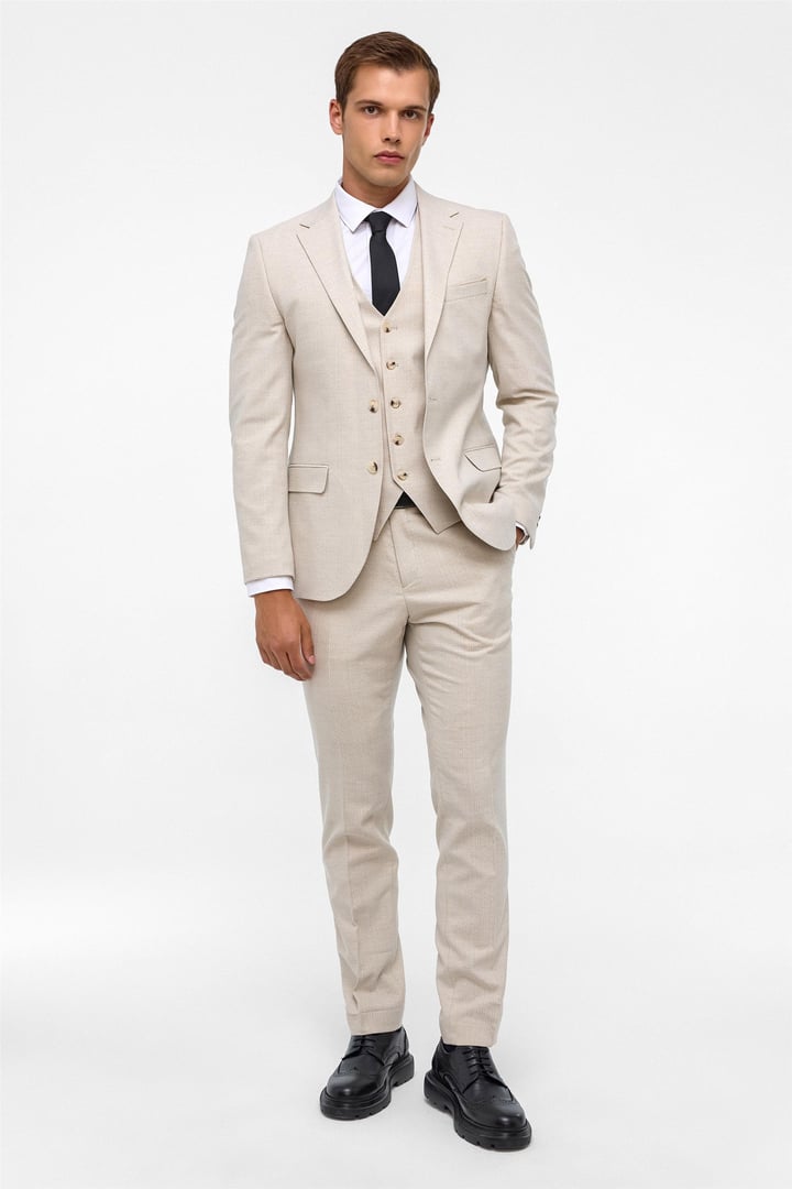 Ekru Slim Fit Desenli Mono Yaka 6 Drop Yelekli Klasik Takım Elbise