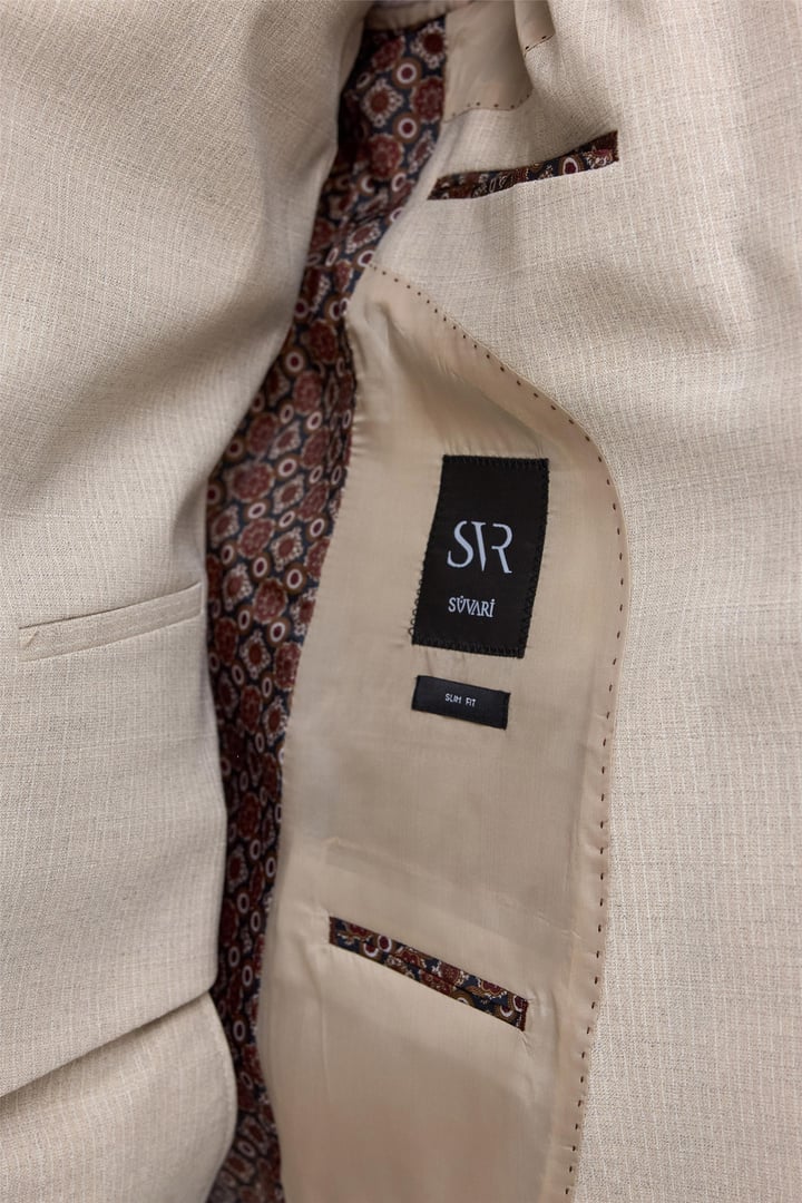 Ekru Slim Fit Desenli Mono Yaka 6 Drop Yelekli Klasik Takım Elbise